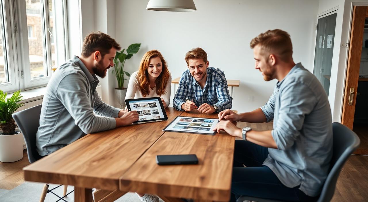 Team bespricht Website-Entwürfe an einem Holztisch
