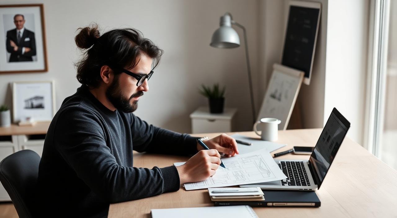 Designer skizziert Wireframes am Schreibtisch